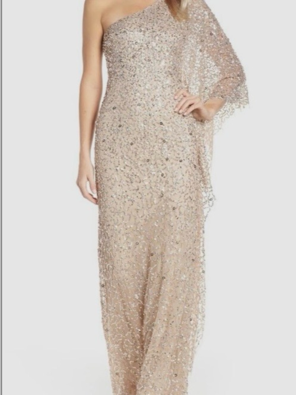 Adrianna Papell One-Shoulder Beaded Nude Champagne Gown, size 6